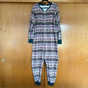 Natural Life Floral Cozy Fleece Zip Up One Piece Pajamas Size Medium